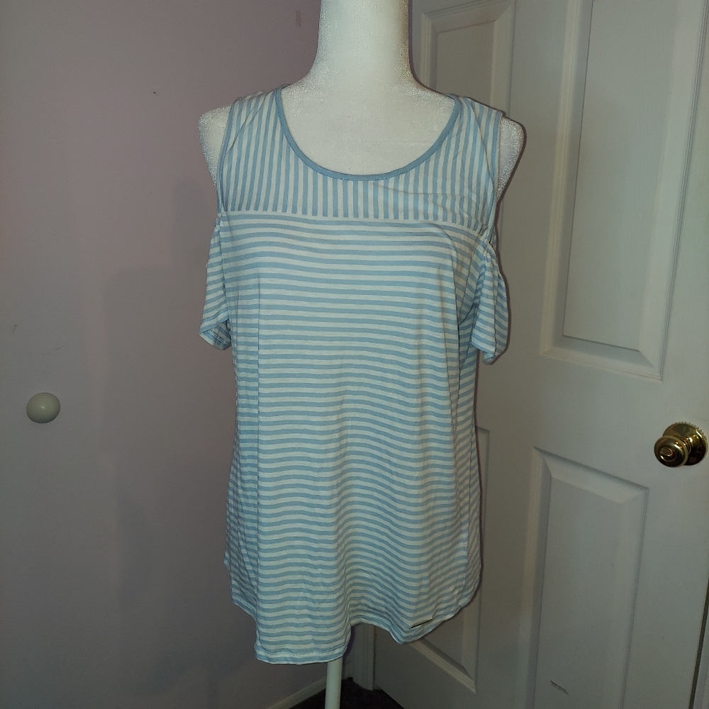 Michael Kors Baby Blue and White Stripe Cold Sholder Shirt